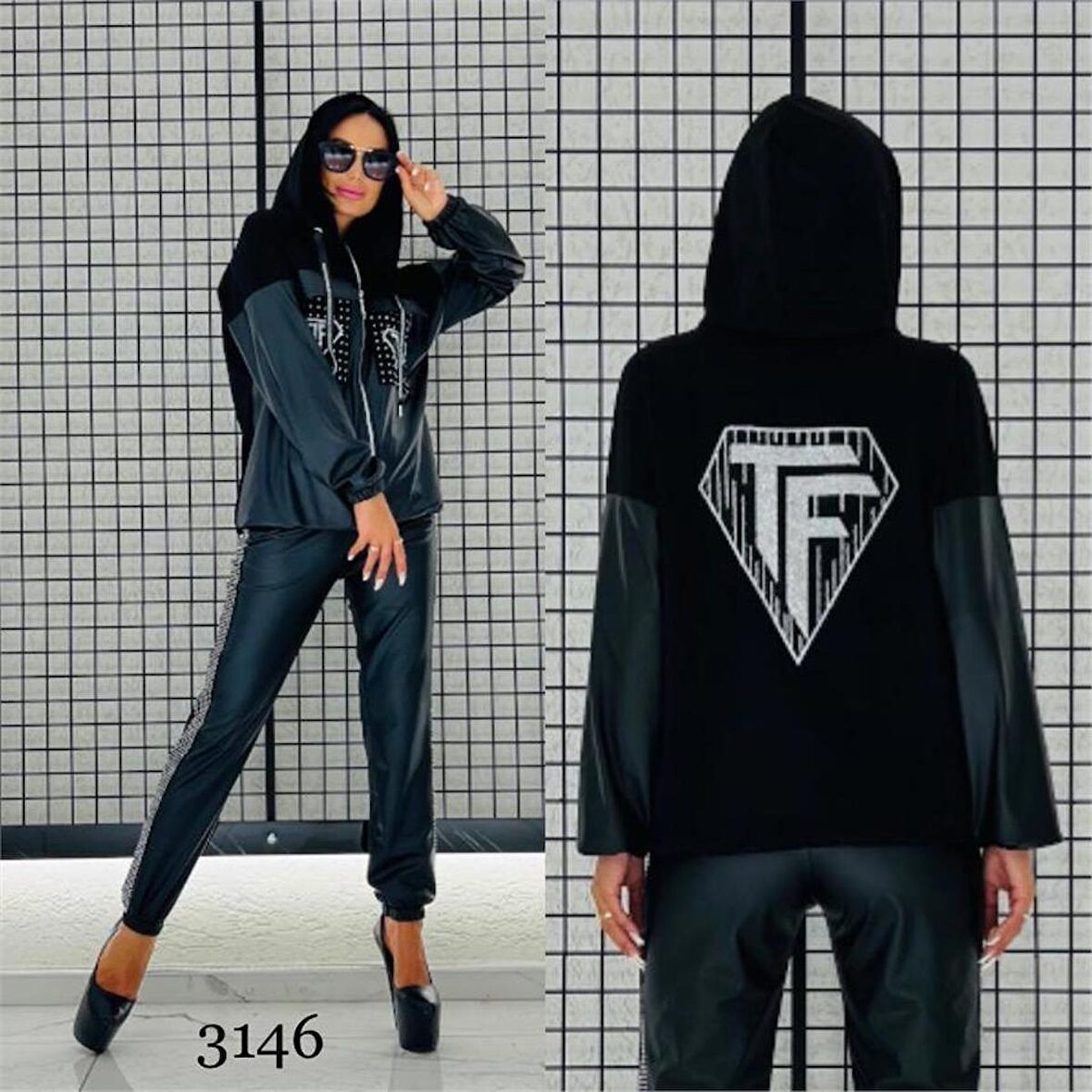 Tf Deri Crystal Taşlı Eşofman Takımı - SİYAH GÜMÜŞ