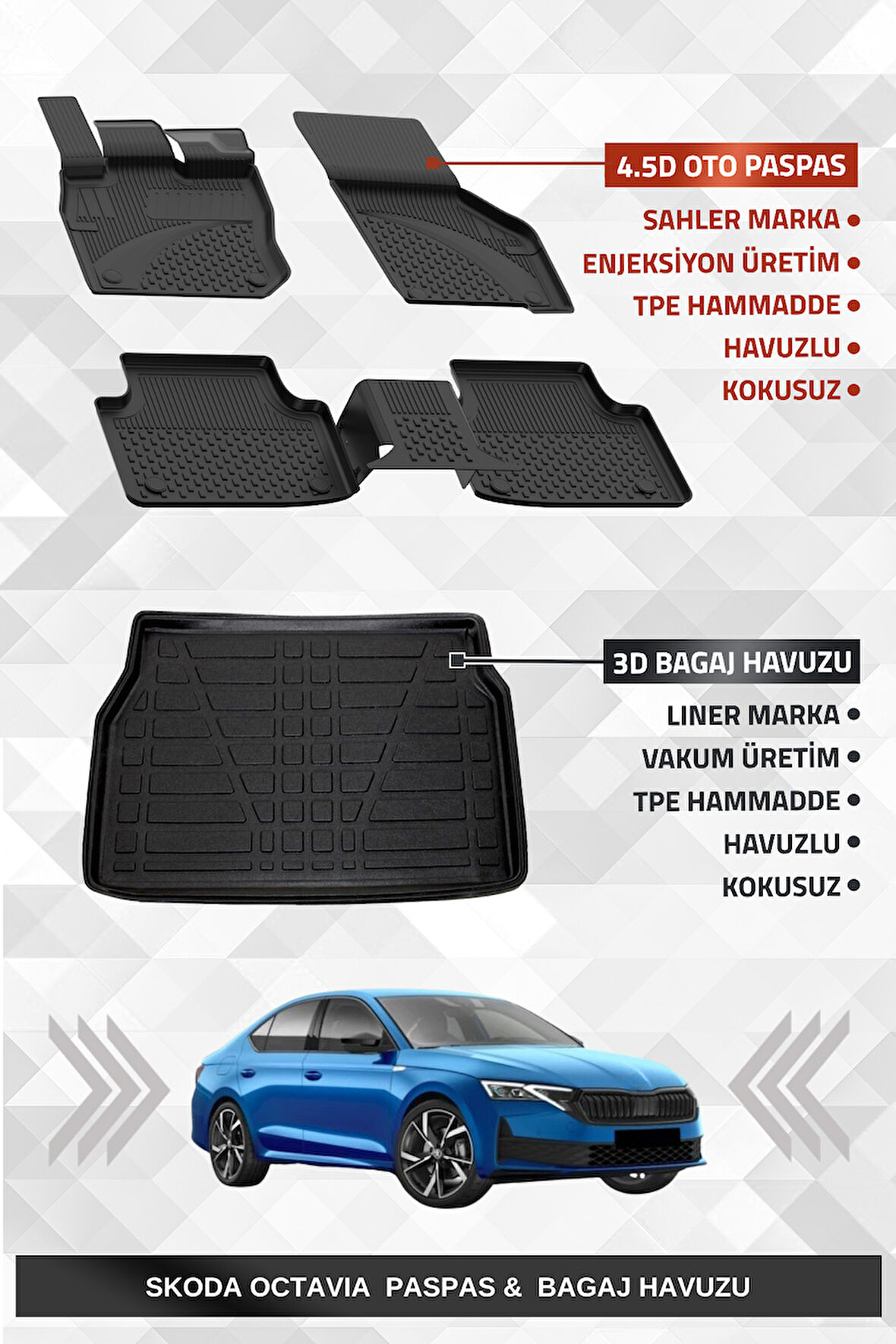 Sahler Skoda Octavia 2020+ Uyumlu 4.5D Premium Havuzlu Oto Paspas ve Liner Marka 3D Bagaj Havuzu
