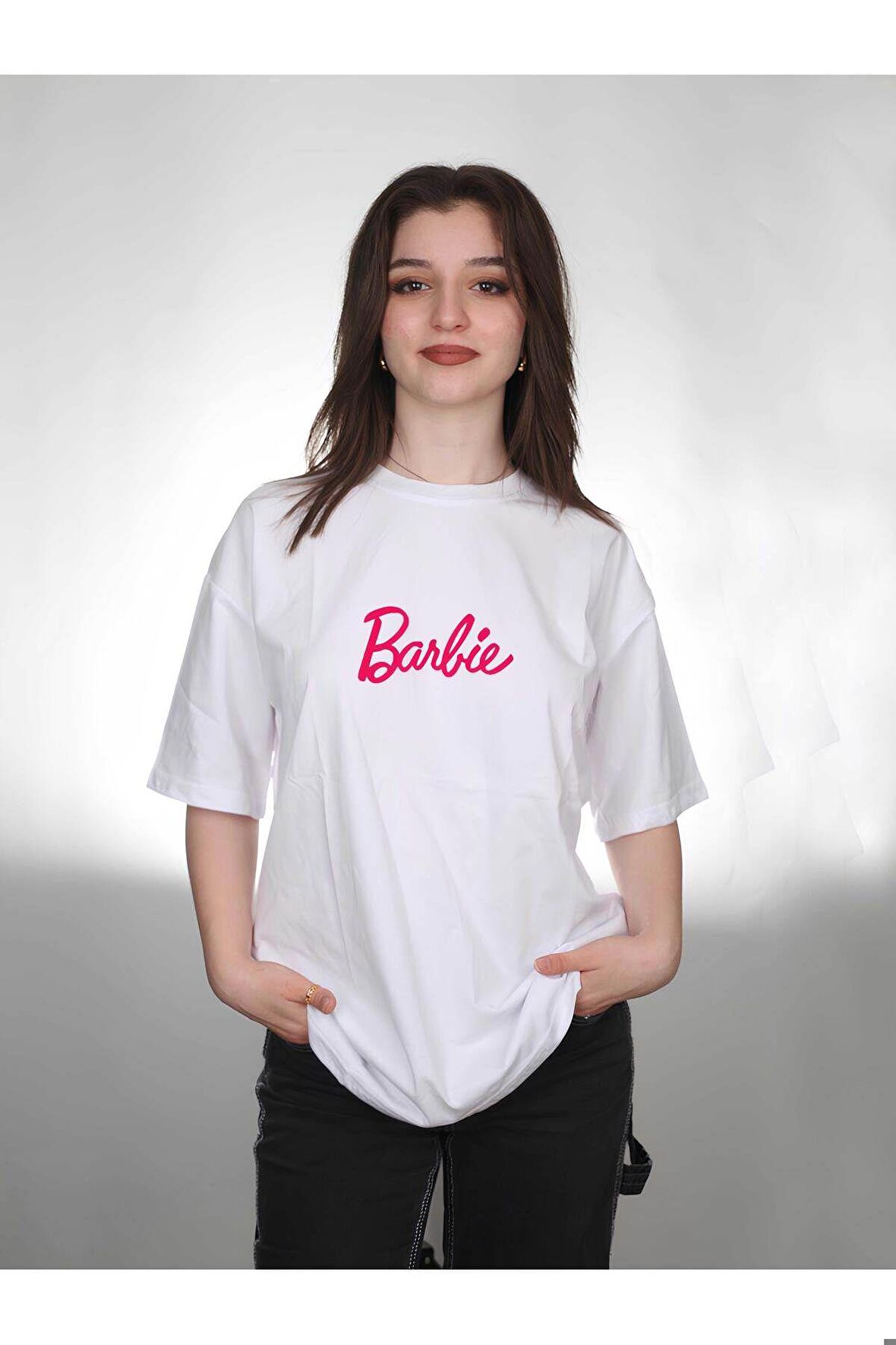 Barbie Tasarım Baskılı Oversize Kadın Tişört T-shirt