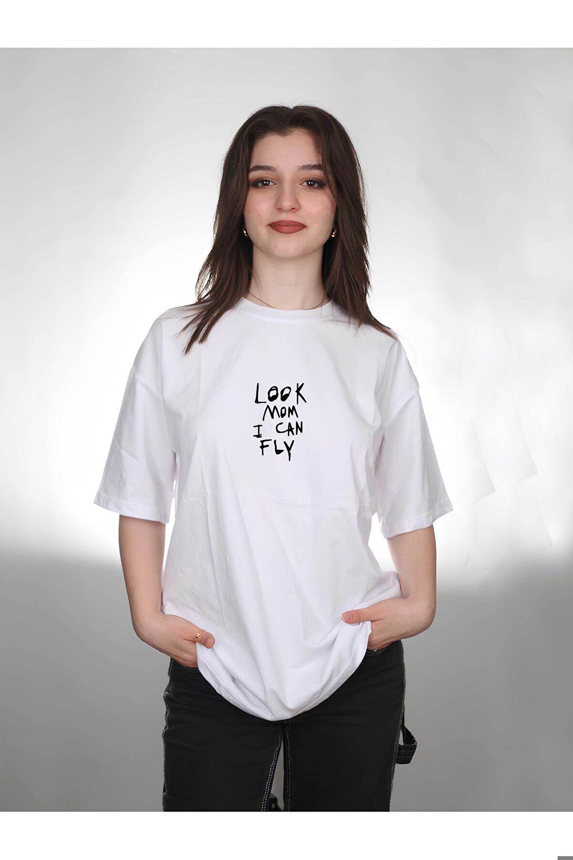 Look Mom I Can Fly Tasarım Baskılı Oversize Kadın Tişört T-shirt