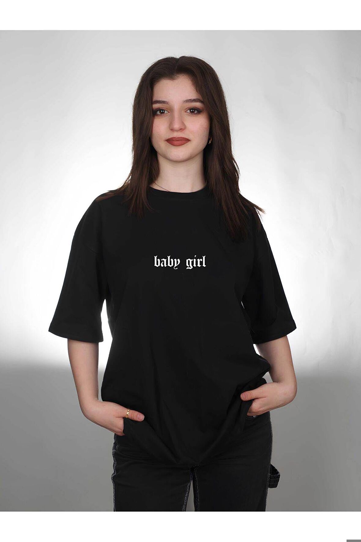 Baby Girl Özel Tasarım Baskılı Siyah Oversize Kadın Tişört T-shirt