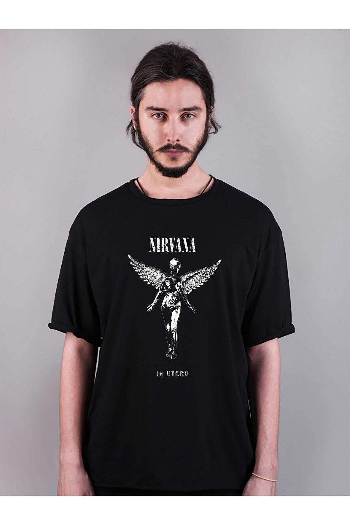 Nirvana Rock n Roll   Tasarım Baskılı Oversize Kalıp Siyah Tişört T-shirt
