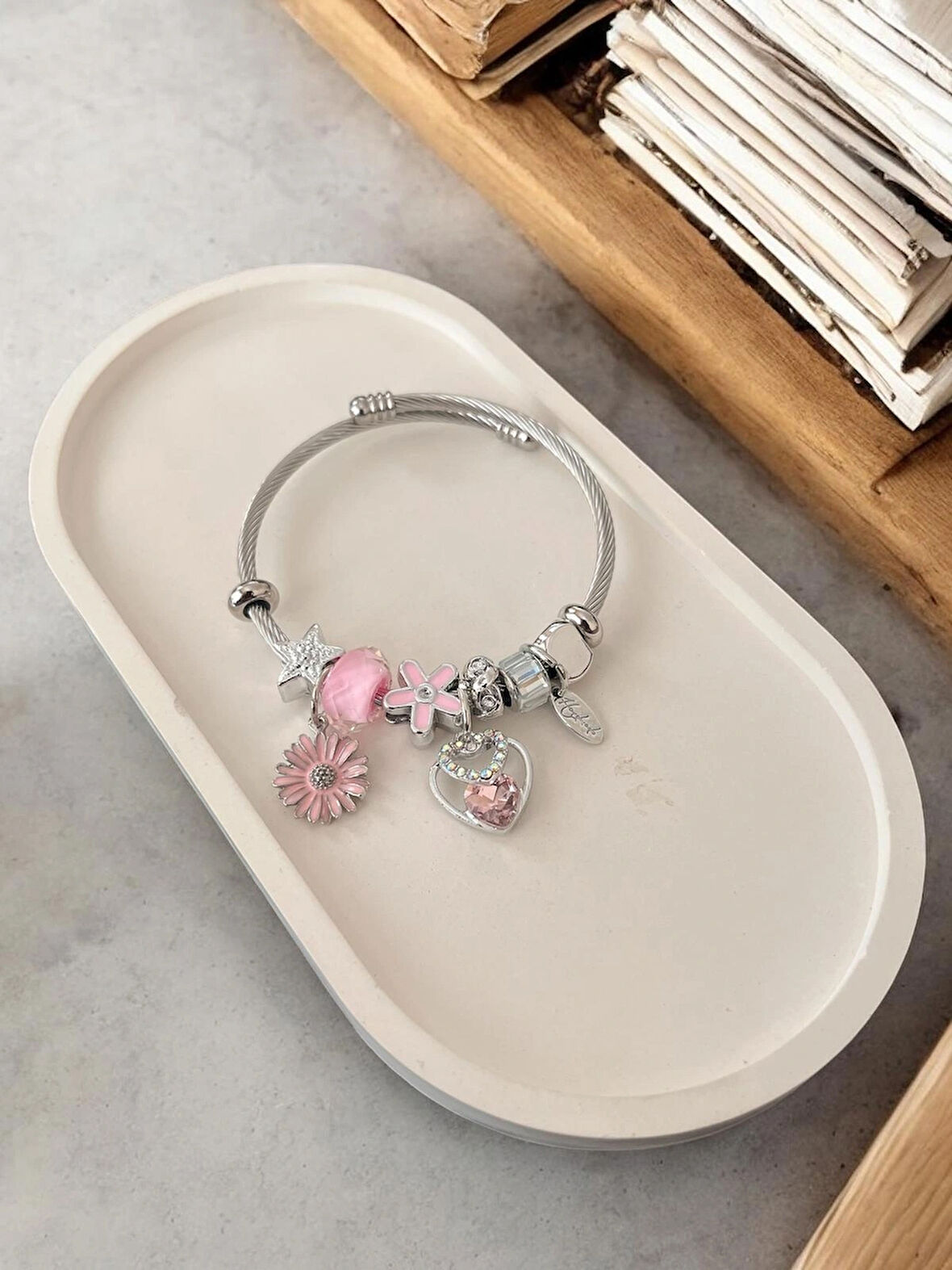 Çelik Gümüş Renk Pandora Pembe Charm Bileklik