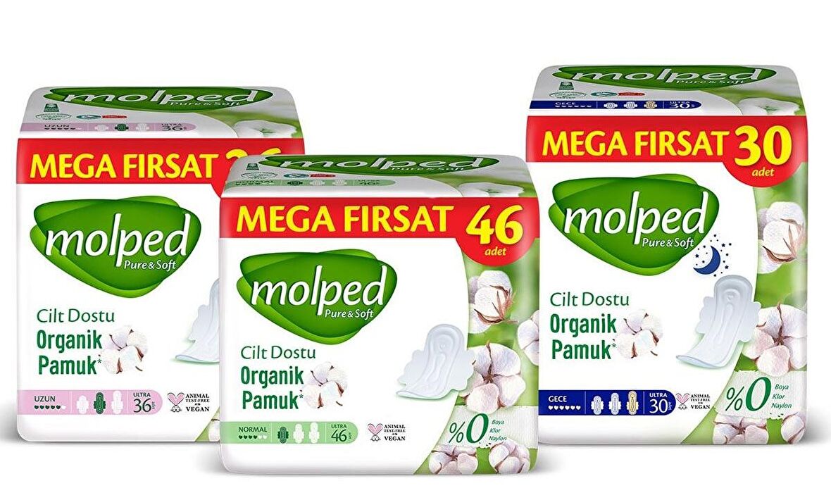 Molped Normal Hijyenik Ped 46 Adet + Gece 30 Adet + Uzun 36 Adet