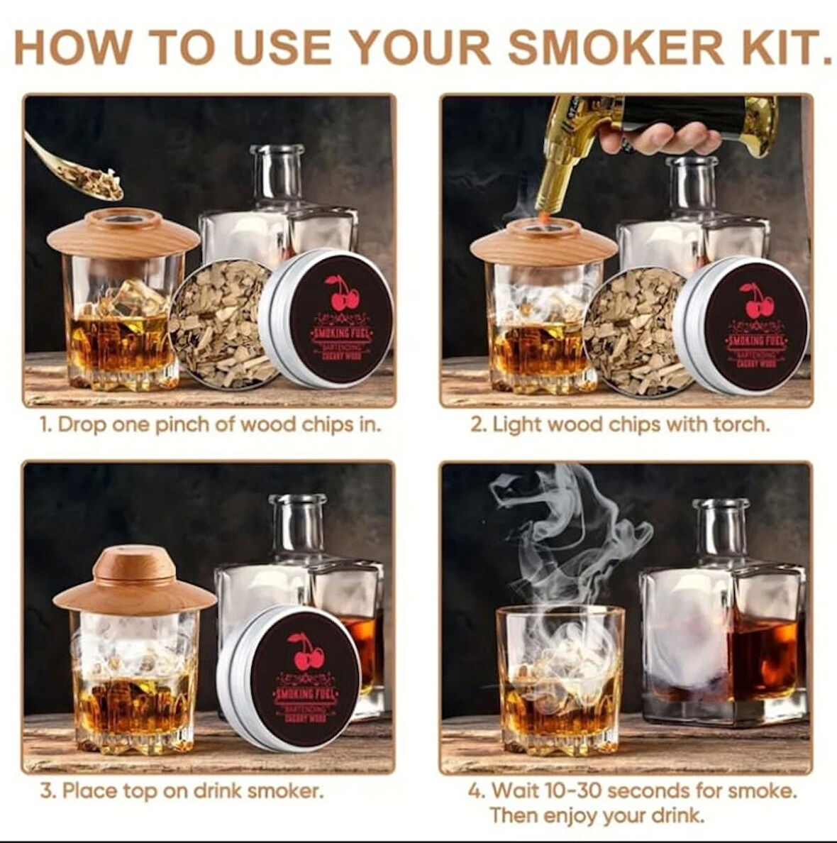 Viski Bourbon Kokteyl Tütsüleme Yuvarlak Tasarım 6 Aramolı Set Ev ve Bar Dekarasyonu