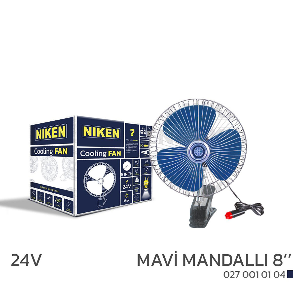 Araç Içi Vantilatör Mavi Mandallı 24v 8 inç üniversal model Niken