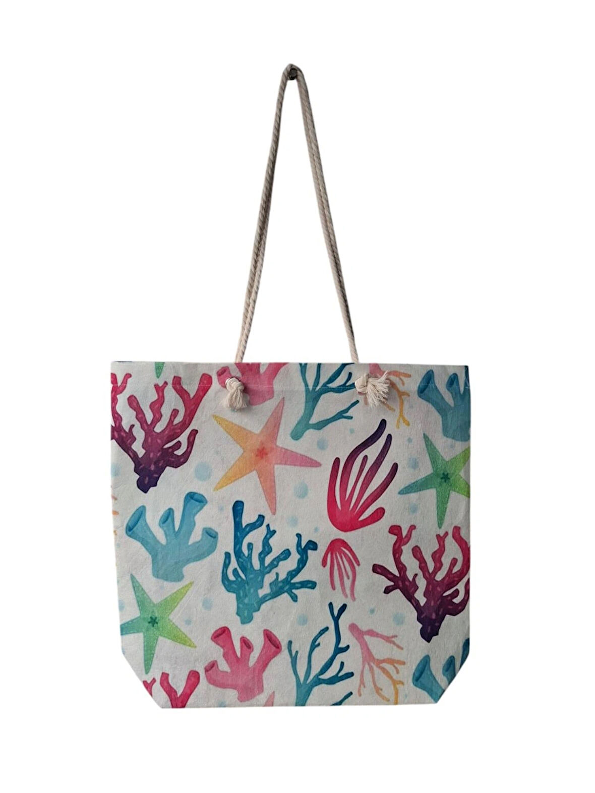 Spteks Kadın Krem Renk Baskı Karışık Figürlü Keçe Yazlık Plaj Ve Tatil Çantası