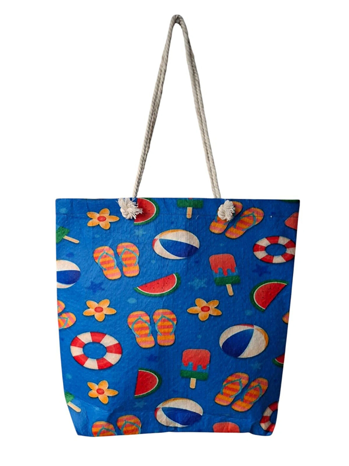 Spteks Mavi Renk Baskı Figürlü Keçe Kadın Yazlık Plaj Ve Tatil El Çantası