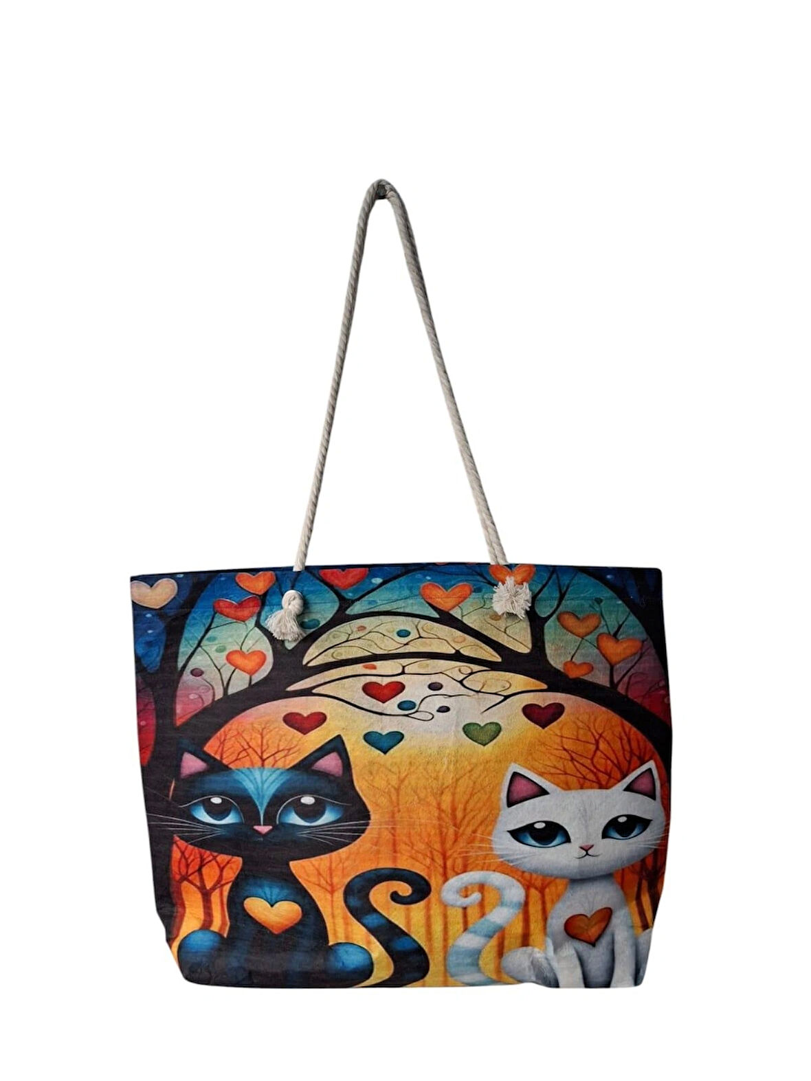 Spteks Karışık Renk Baskılı Kedi Figürlü Keçe Kadın Yazlık Plaj Ve Tatil El Çantası