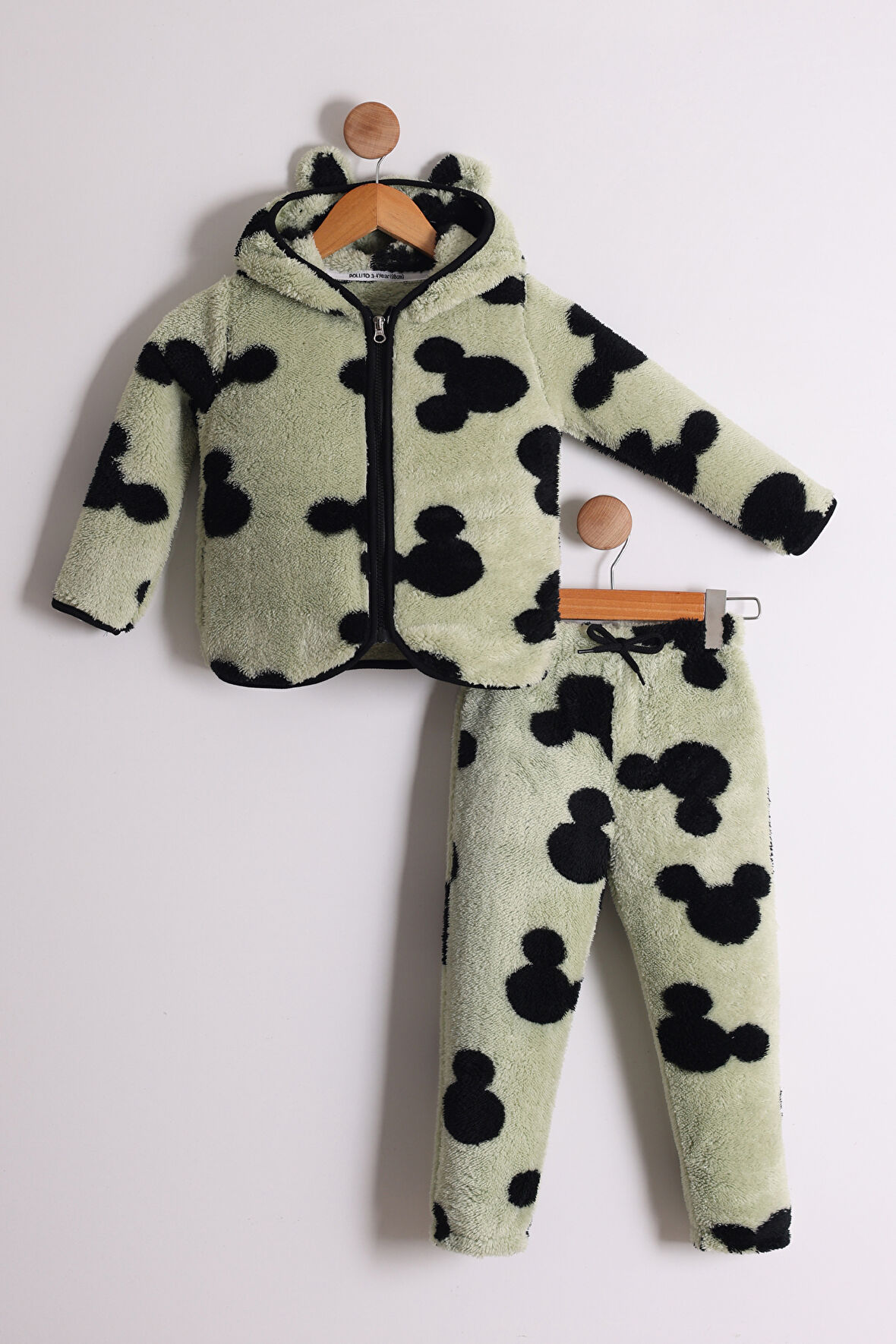 Unisex Çocuk Kapüşonlu Mickey Mouse Detaylı Peluş Hırka ve Peluş Pantolon 2'li Alt Üst Takım