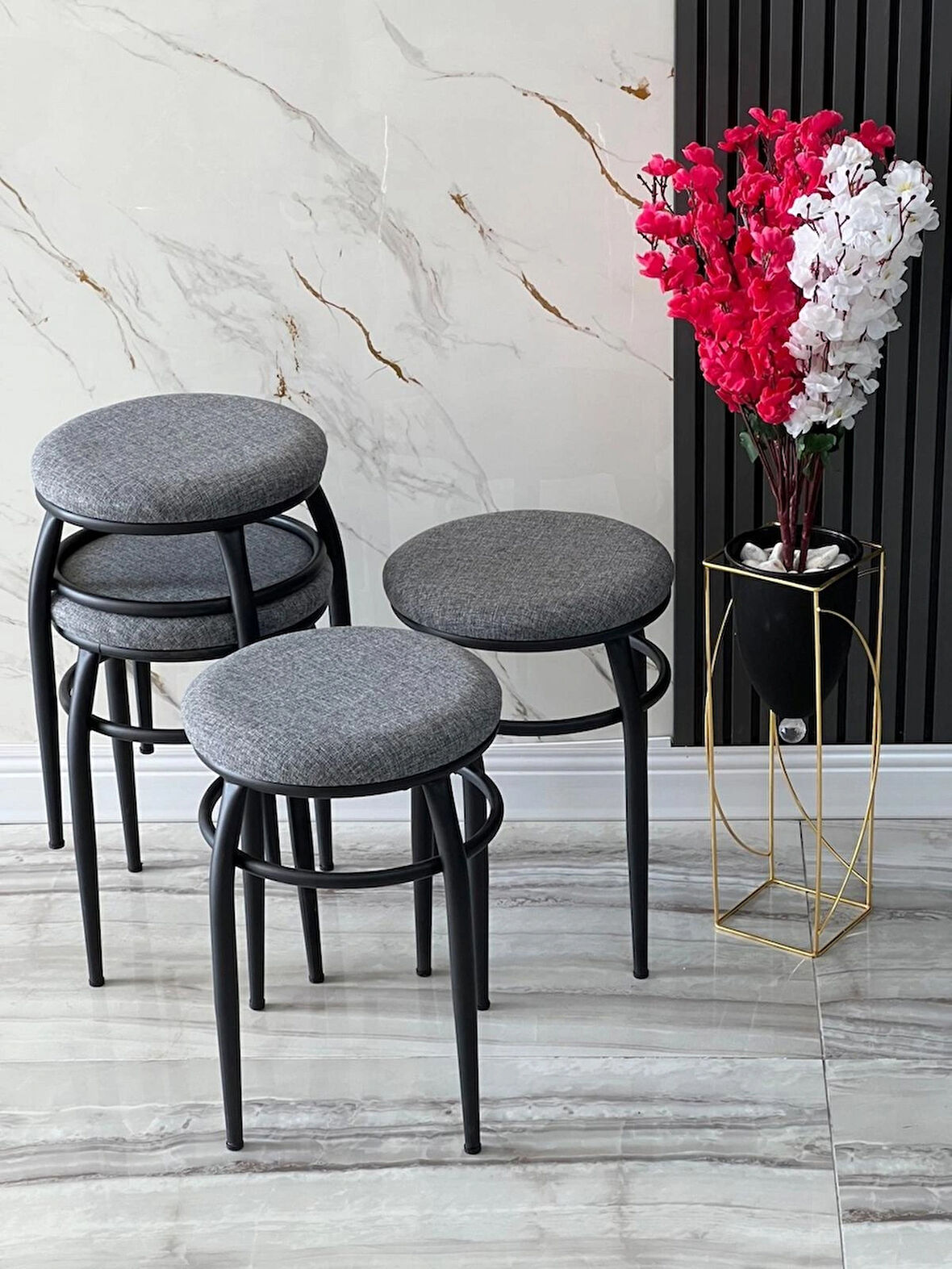 4 Adet Demir Ayaklı Tabure, Gri Tabure, Mutfak Balkon Taburesi, Kumaş Tabure, Tabure, Oturak