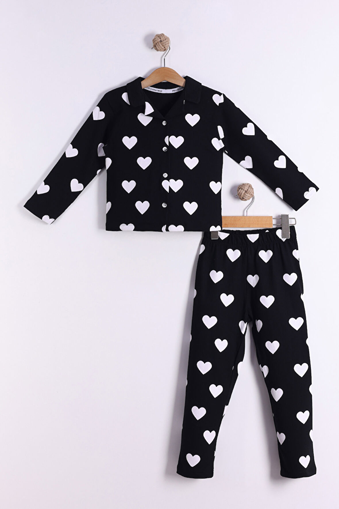 Kız Çocuk Kalp Baskılı Önü Düğmeli %100 Pamuk Pijama Takımı