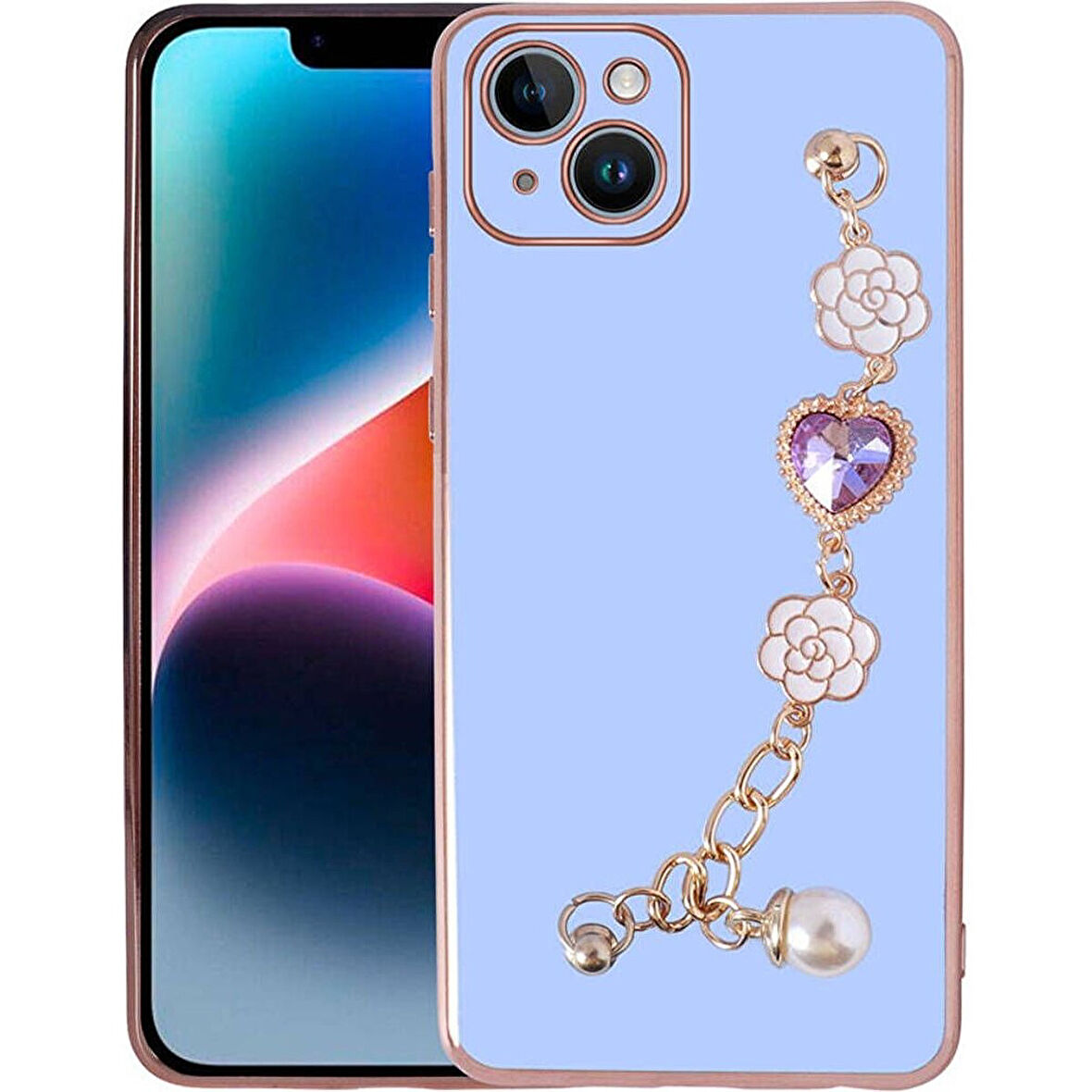 Teleplus Apple iPhone 15 Plus Kılıf Kamera Korumalı El Tutmalı Taka Taşlı Kapak