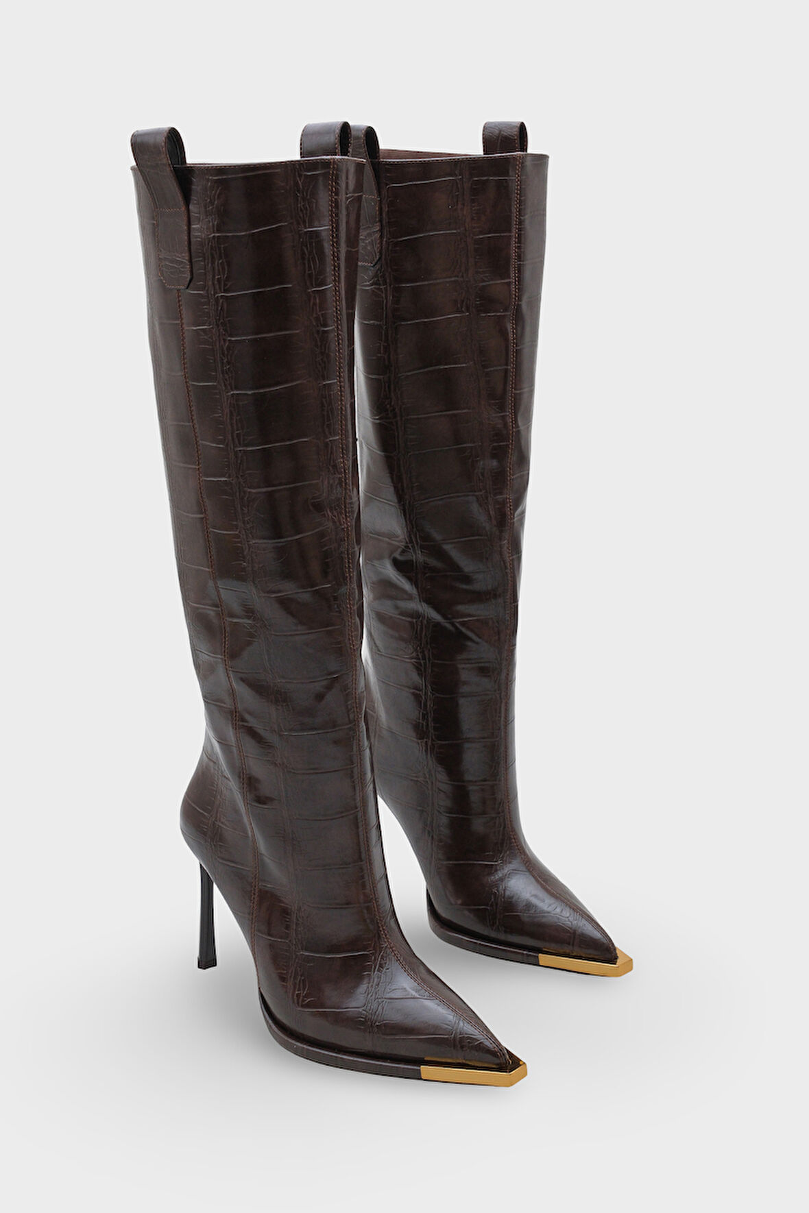 Kadın Kroko Sivri Burun Topuklu Günlük Çizme Elinos Kahve