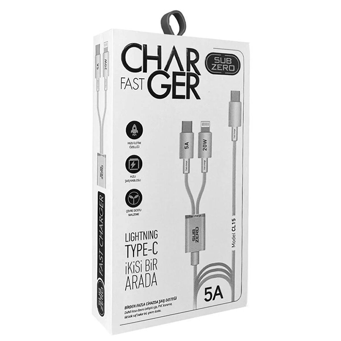Subzero Cl15 Hızlı Şarj Kablosu: 2si1 Arada Lightning (Apple/iPhone) + Type-C 20W 5A Fast Charger