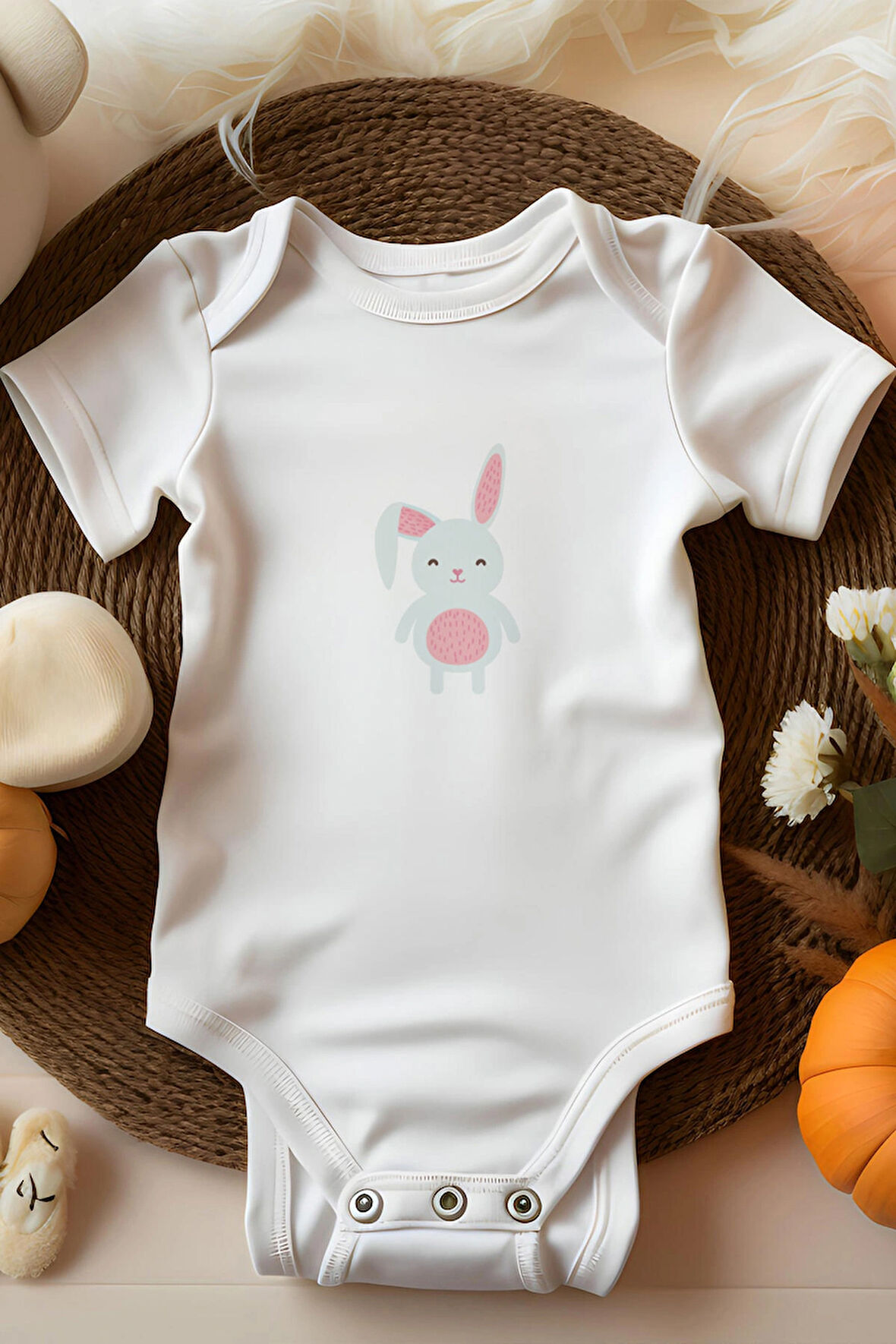 Bebek Perisi Gri Pembe Tatlı Tavşan Tasarım Bebek Body