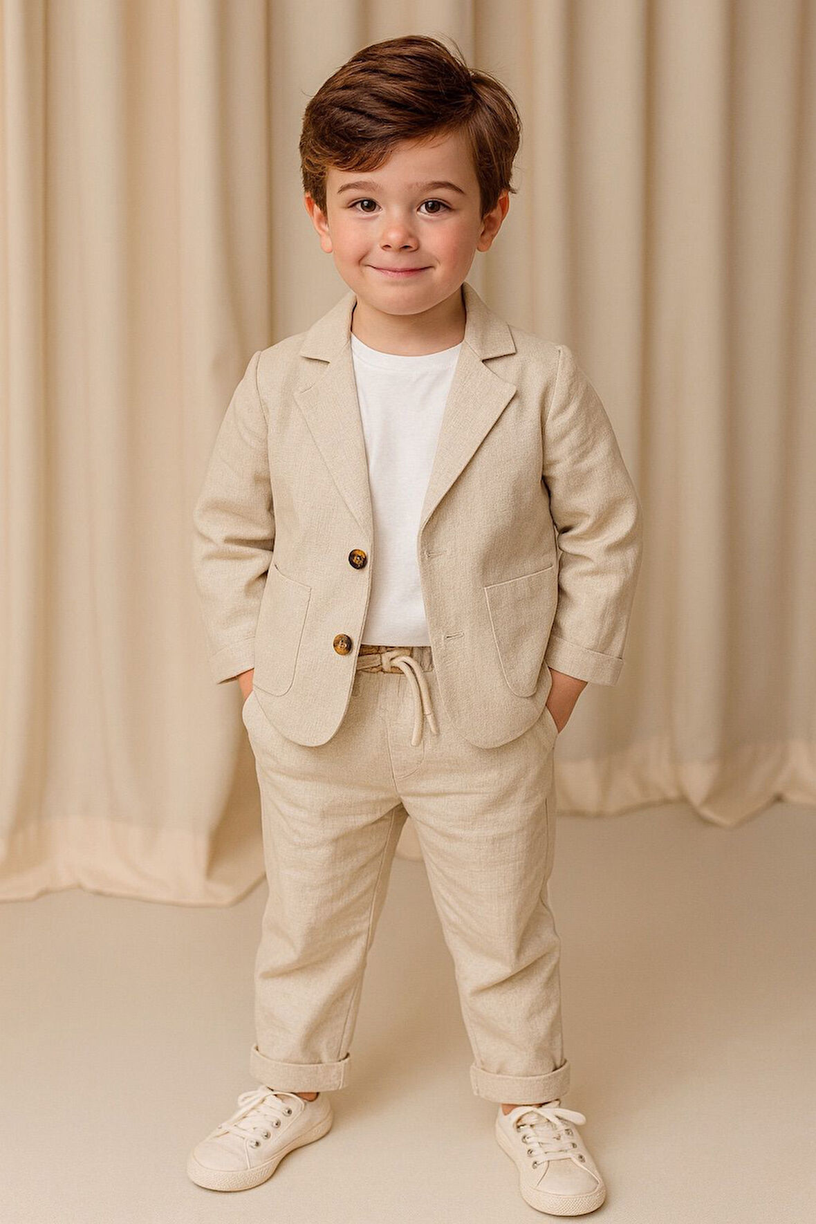 Erkek Çocuk Keten Ceket Pantolon 3'lü Takım