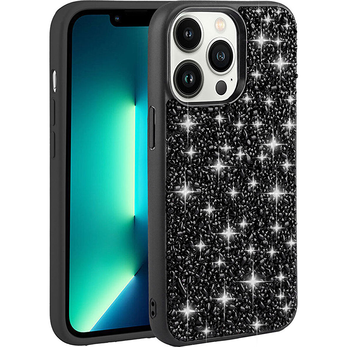 Teleplus Apple iPhone 13 Pro Max Kılıf Diamond Parlak Taşlı Linea Stil Kapak Silikon Siyah