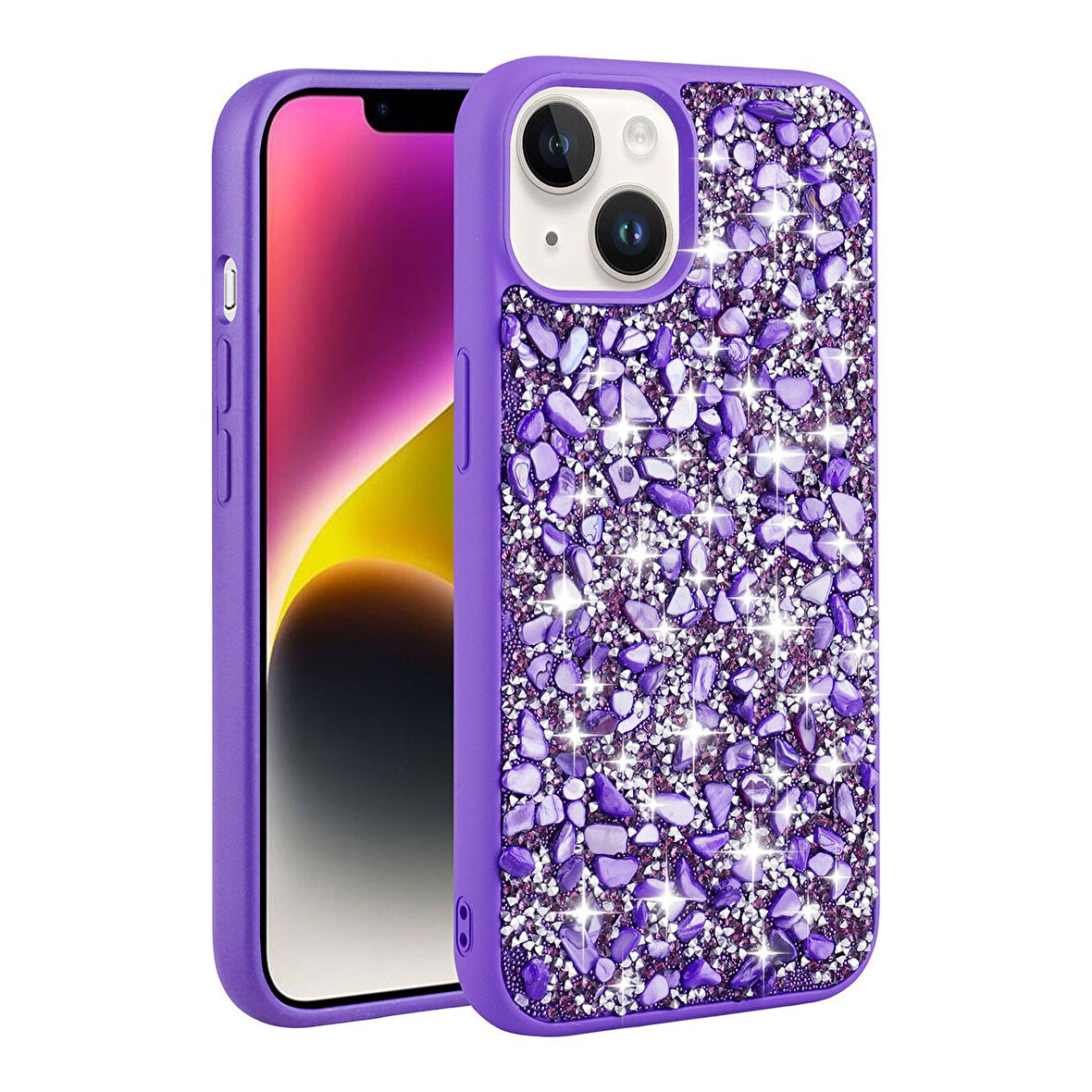 Teleplus Apple iPhone 13 Kılıf Diamond Parlak Taşlı Linea Stil Kapak Silikon Mor
