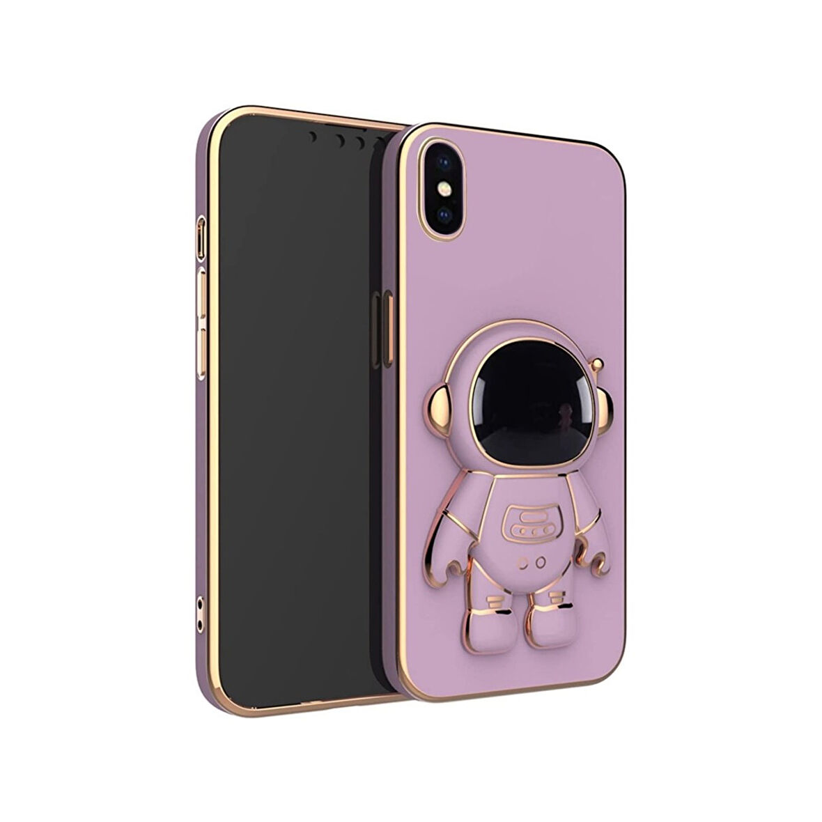 Teleplus iPhone x Kılıf Kamera Korumalı Astronot Desenli Standlı Silikon Mor