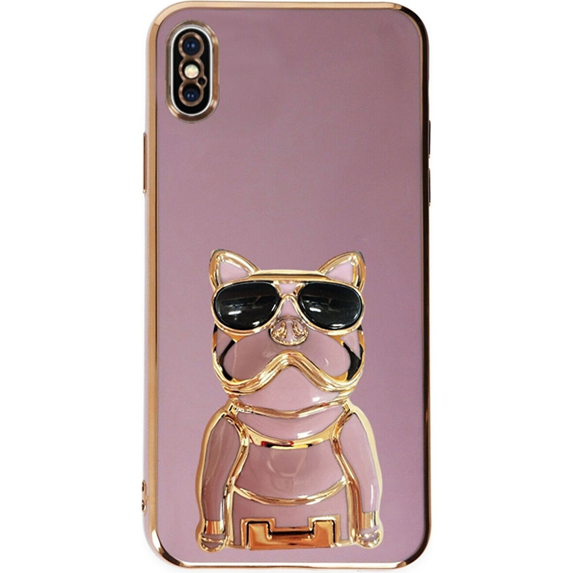 Teleplus iphone x Kılıf Kamera Korumalı Köpek Desenli Standlı Silikon Mor