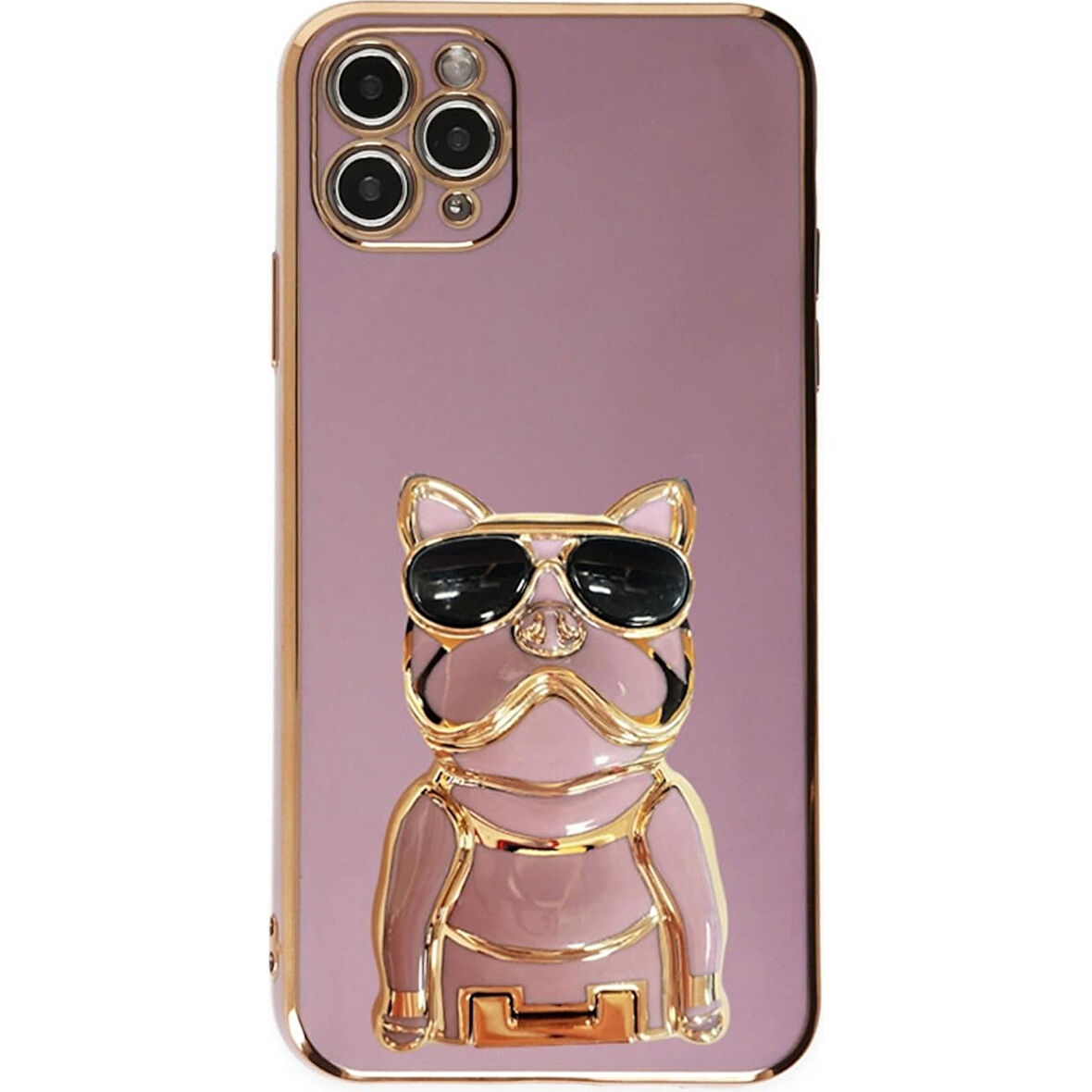 Teleplus iPhone 12 Pro Max Kılıf Kamera Korumalı Köpek Desenli Standlı Silikon Mor