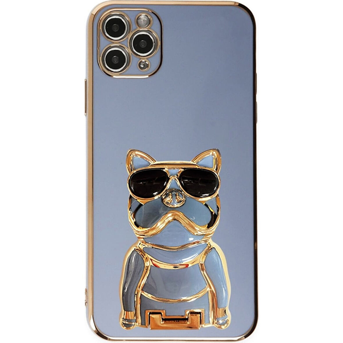 Teleplus iPhone 12 Pro Max Kılıf Kamera Korumalı Köpek Desenli Standlı Silikon Mavi