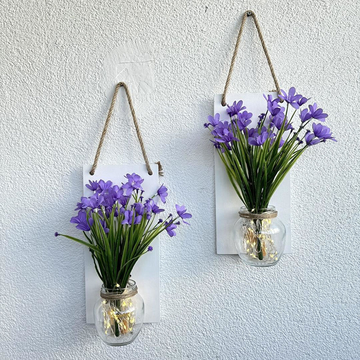 Led Işıklı, Lila Nergis Çiçekli Duvar Dekoru Beyaz İkili Set