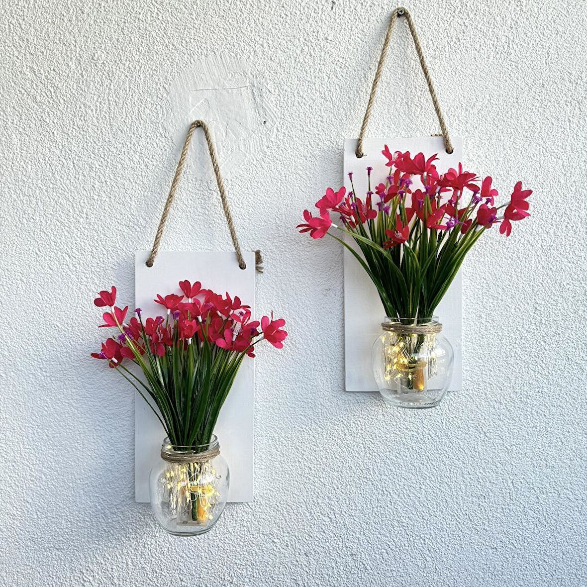 Led Işıklı, Fuşya Nergis Çiçekli Duvar Dekoru Beyaz İkili Set