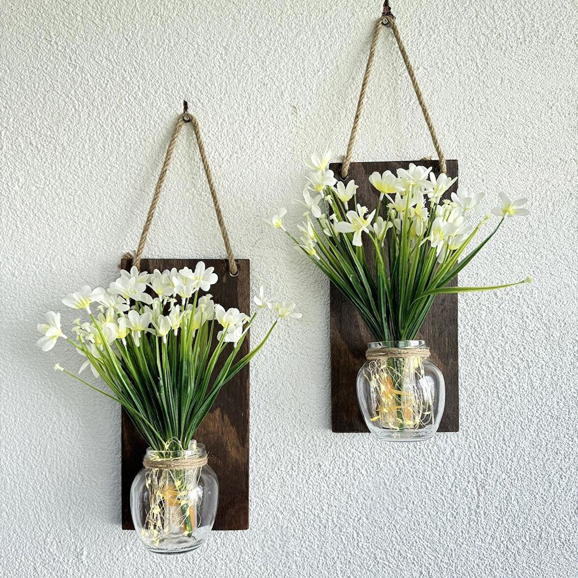 Led Işıklı, Beyaz Nergis Çiçekli Duvar Dekoru Ceviz İkili Set