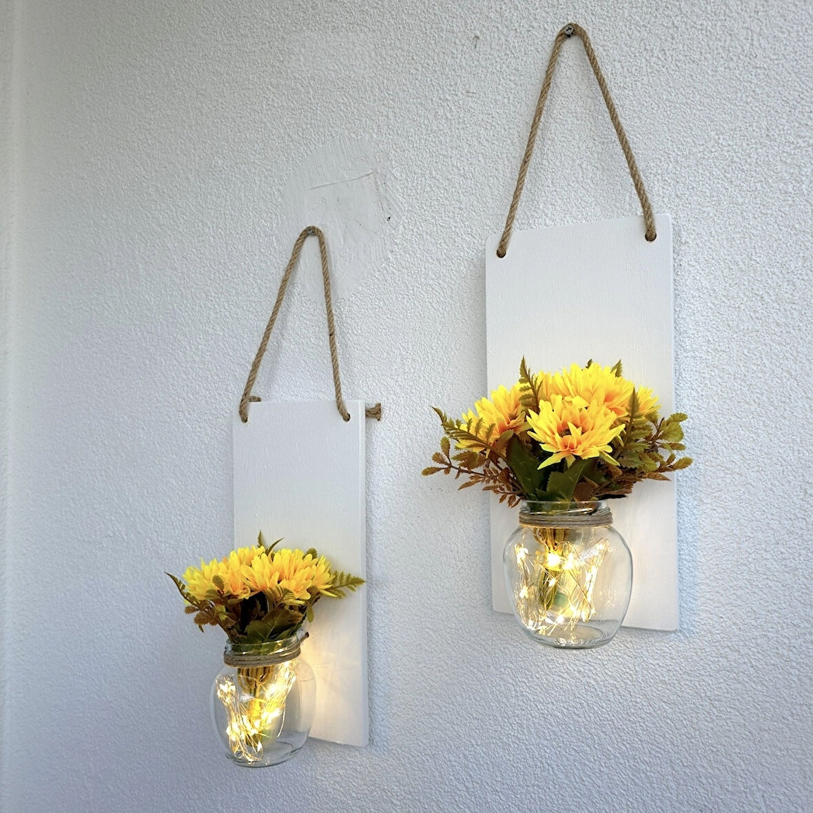 Led Işıklı, Sarı Papatya Çiçekli Duvar Dekoru Beyaz İkili Set