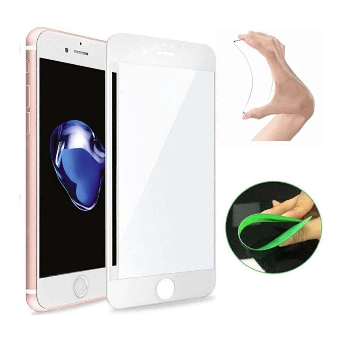 Apple iPhone 8 Plus Ekran Koruyucu Seramik Nano Cam Esnek Tam Full Kaplayan Kırılmaz Beyaz