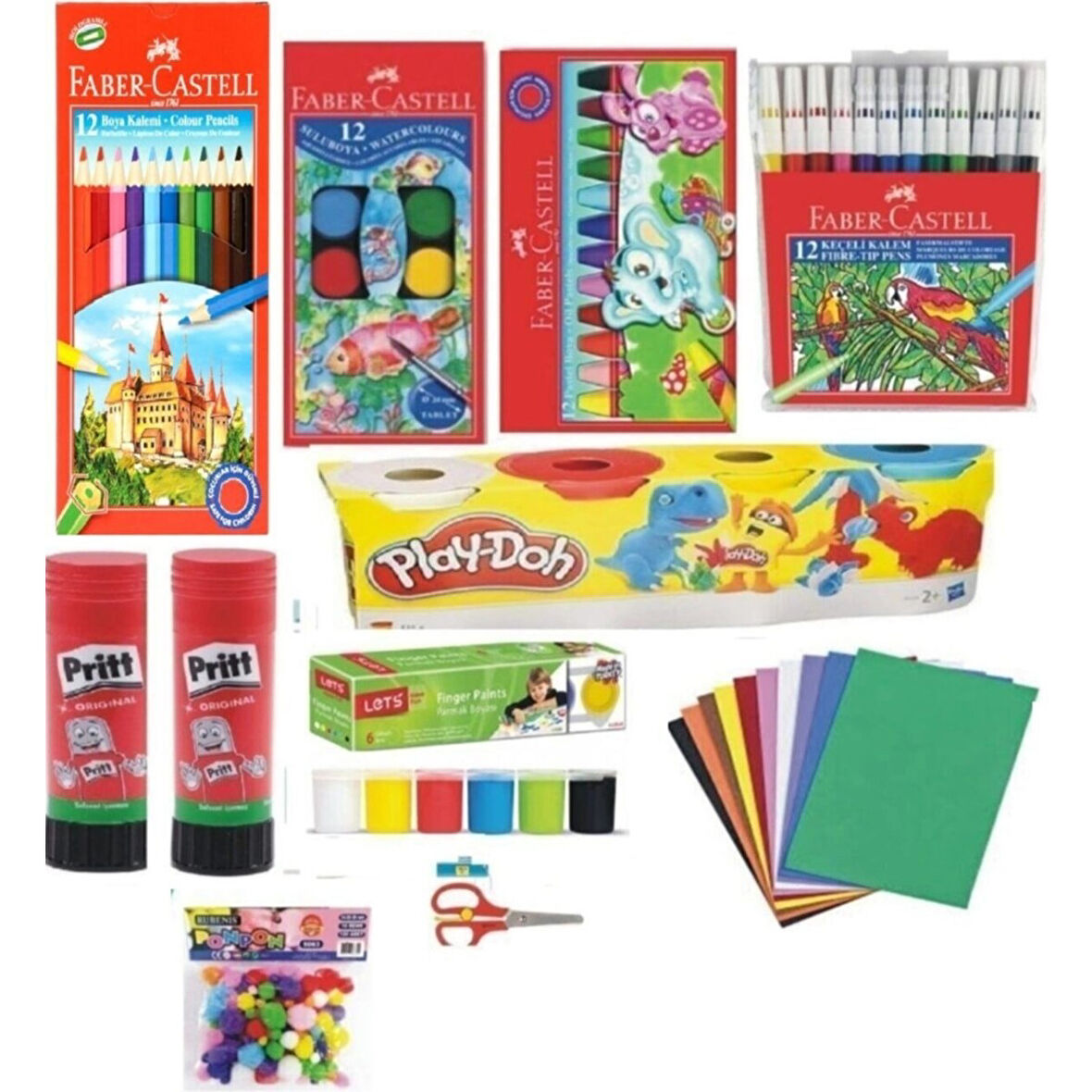 Faber-Castell Faber Castel 12'li (Kuruboya-Sulu-Pastel-Keçeli) Prit - Playdoh - Lets Parmak - Eva - Ponpon Makas