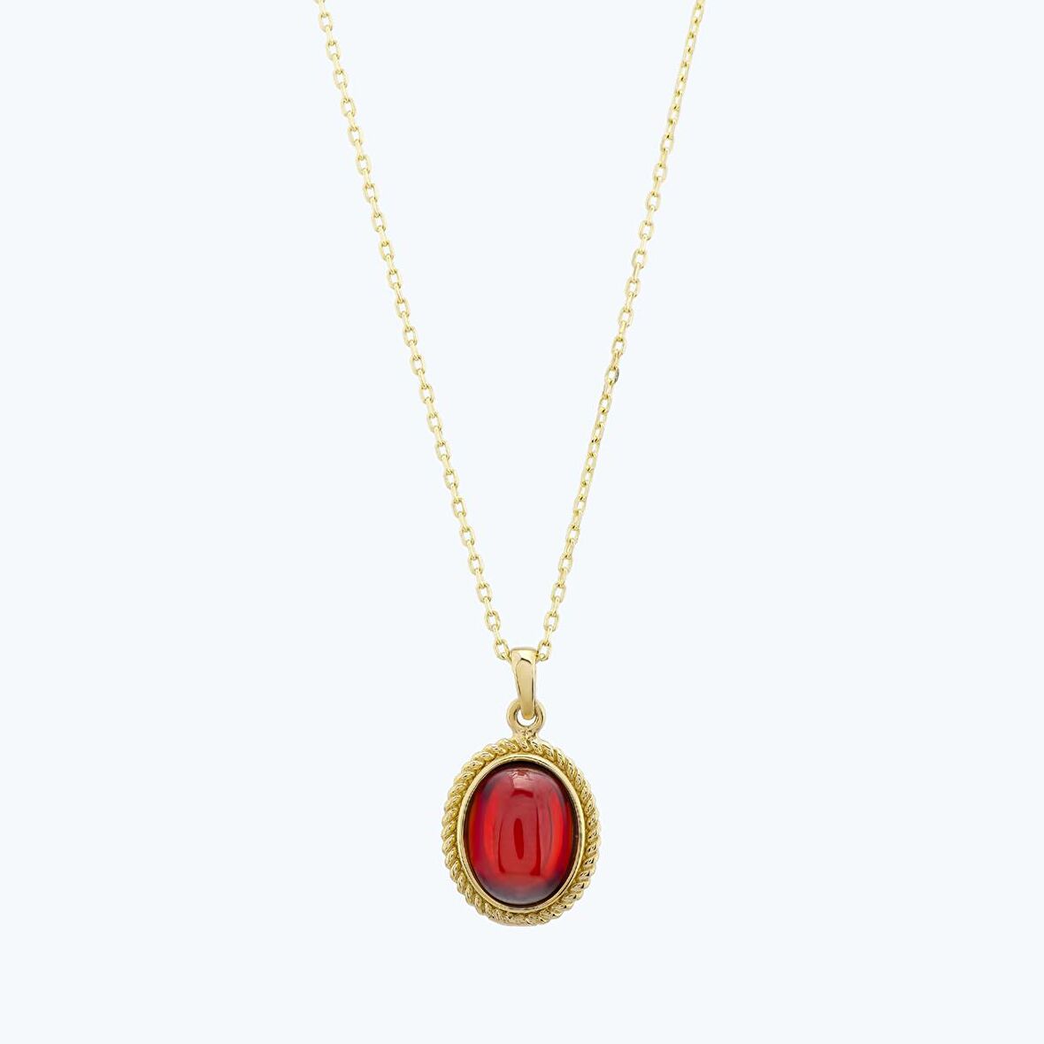 Kırmızı Taşlı Altın Oval Kolye