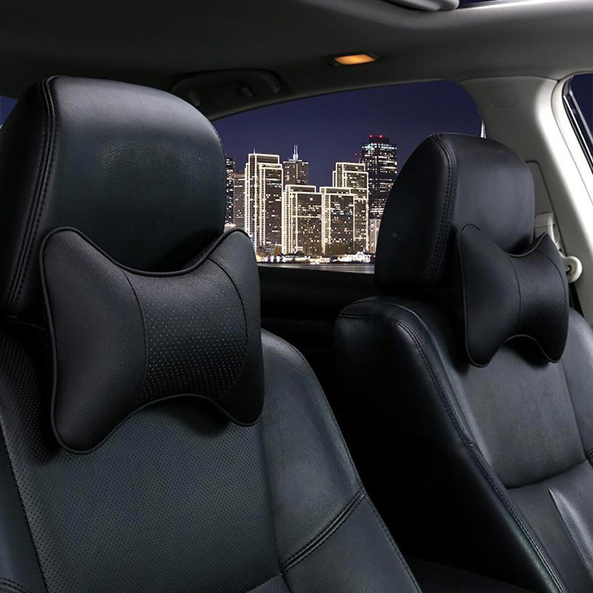 Fiat Multipla İçin koltuk başlığı uyumlu yastık - Siyah Deri 2 adet set