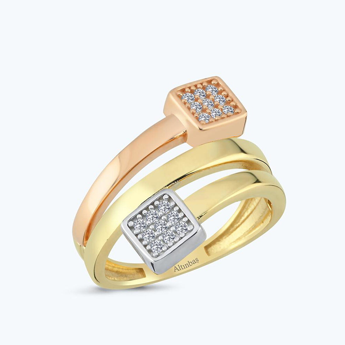 Altın İki Renk Taşlı Yüzük