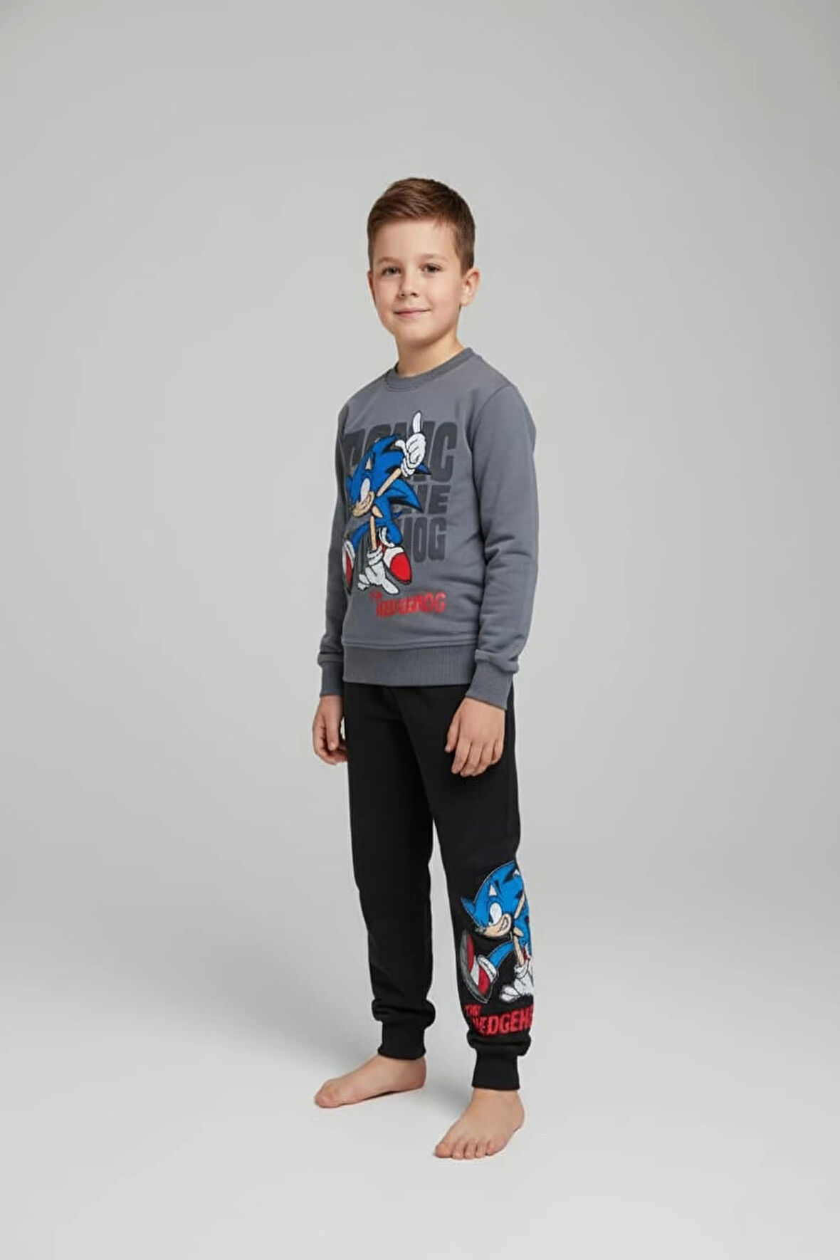 Sonic Desenli Gri Renk Erkek Çocuk Eşofman Takım