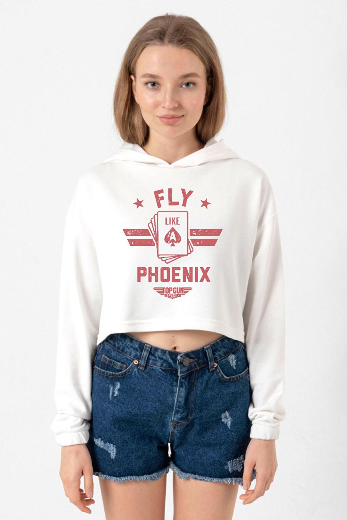 Top Gun Maverick Fly Like A Phoenix Ekru Kadın Crop Kapşonlu