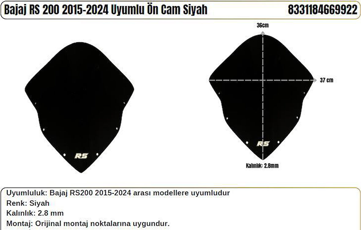 Bajaj Pulsar RS 200 Siyah (2015-24) Siperlik Camı