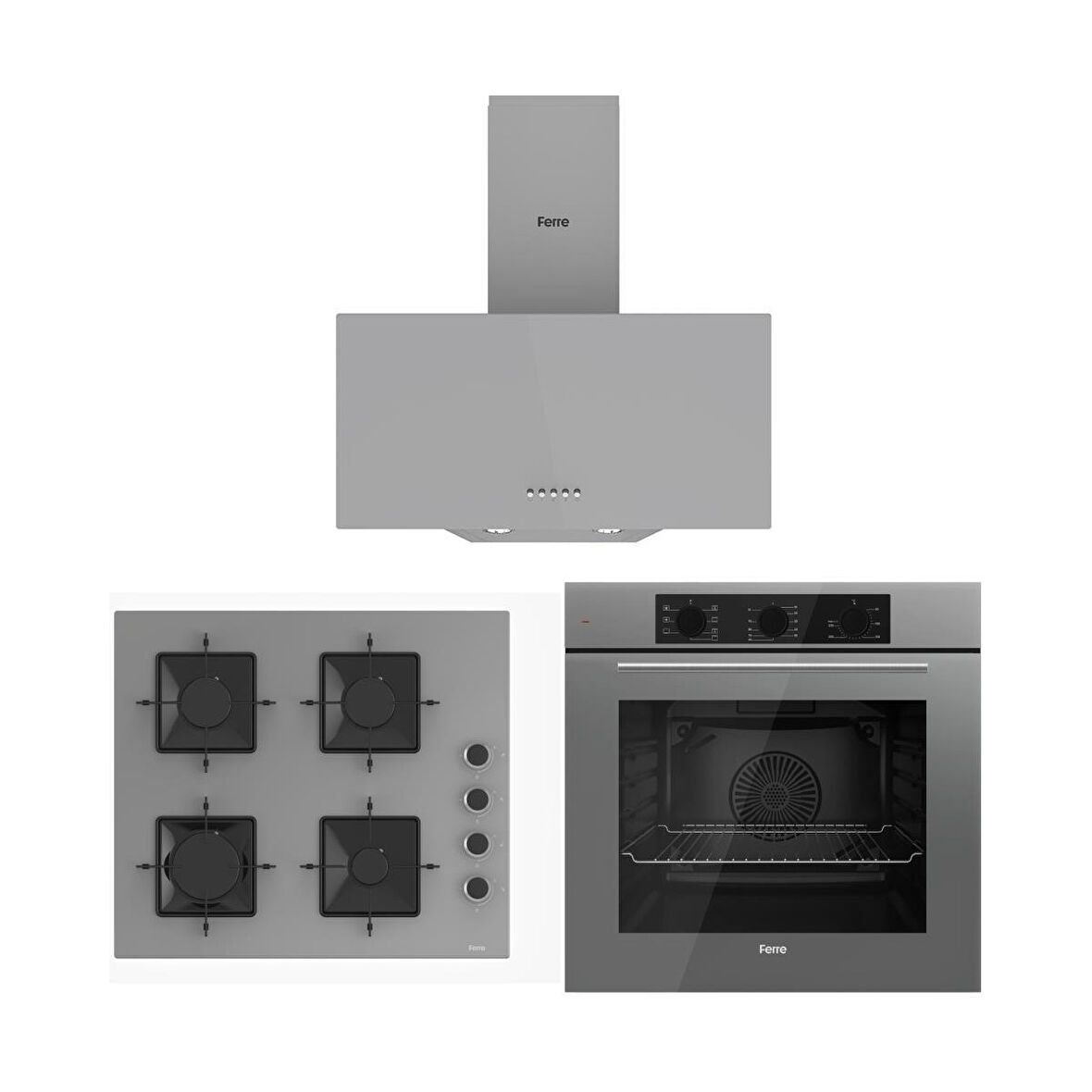 Ferre Gri Cam Ankastre Set (D088 Gri Davlumbaz -SS208 Gri Ocak- QBL62CPR Gri Fırın)