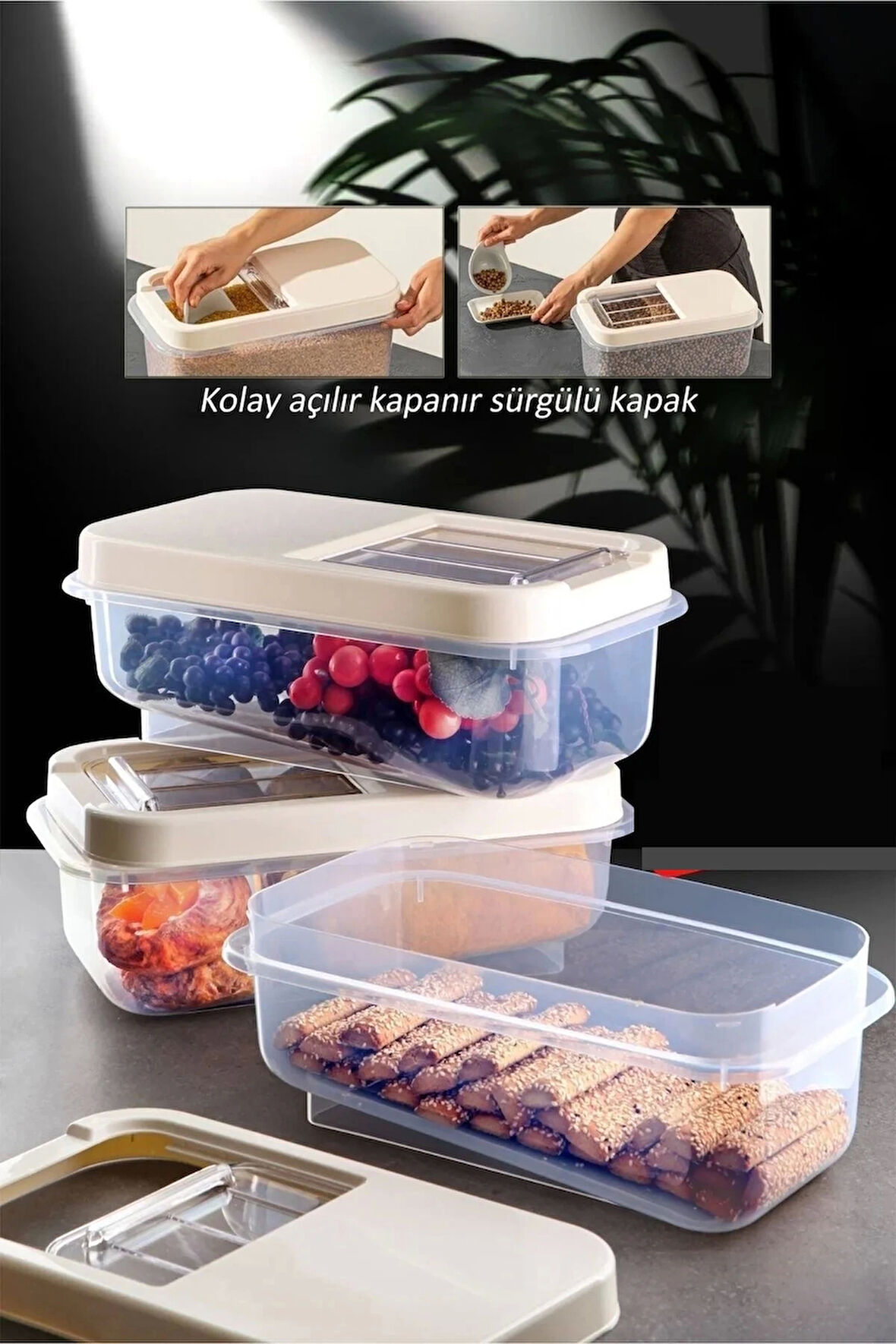 Sürgülü Kapaklı 5 LT Erzak Bakliyat Un Şeker Saklama Kabı