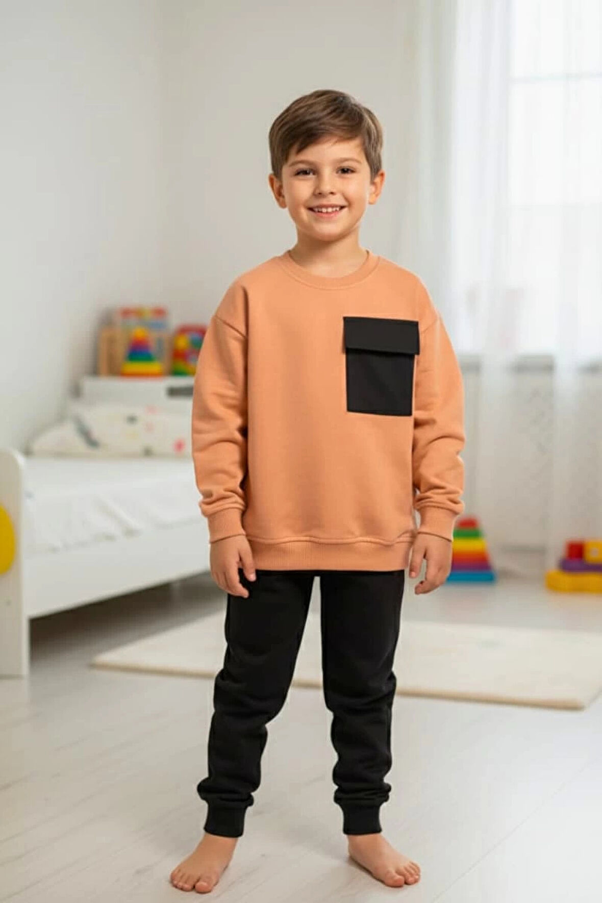 Cep Detaylı Erkek Çocuk Soft Turuncu Renk Eşofman Takım