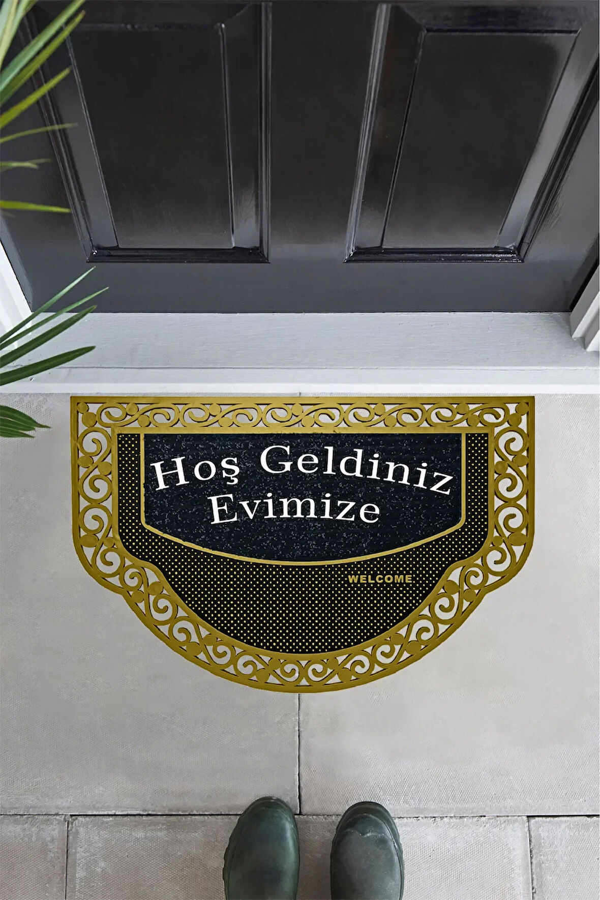 Yarım Ay Modeli Hoş Geldiniz Yazlı Gülen emoj Desenli  Kapı Önü Paspası Altın Rengi