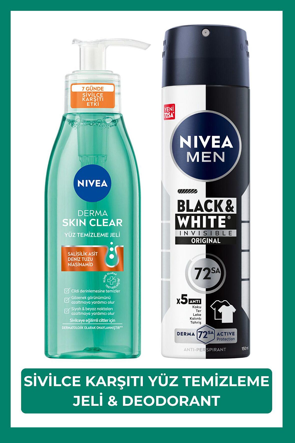 Nivea Derma Skin Clear Sivilce Karşıtı Yüz Temizleme Jeli 150ml ve Erkek Sprey Deodorant Black&White 150ml