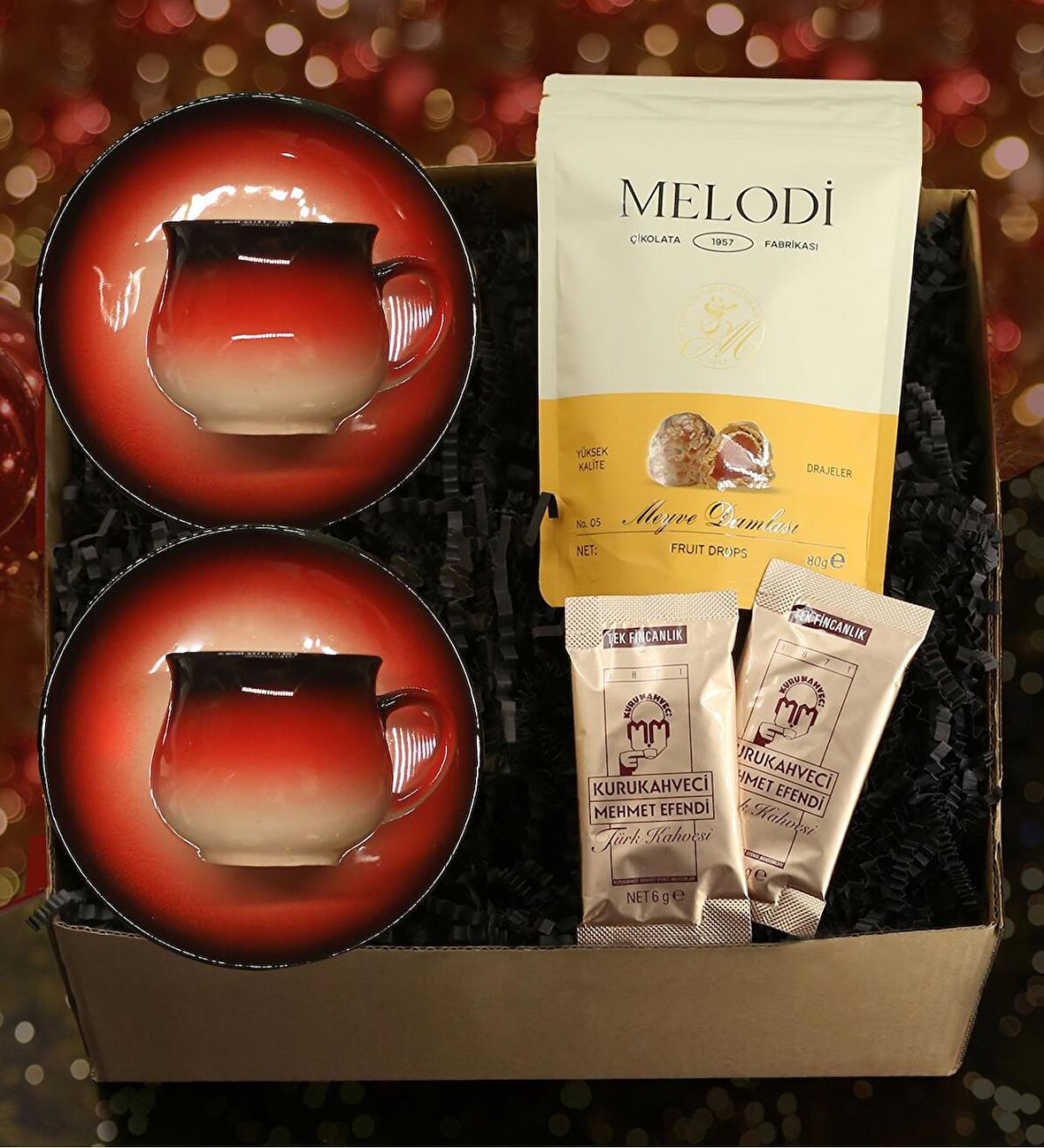 2'li Vintage Fincan & Melodi Draje & 2'li Mehmet Efendi Türk Kahvesi Hediye Seti