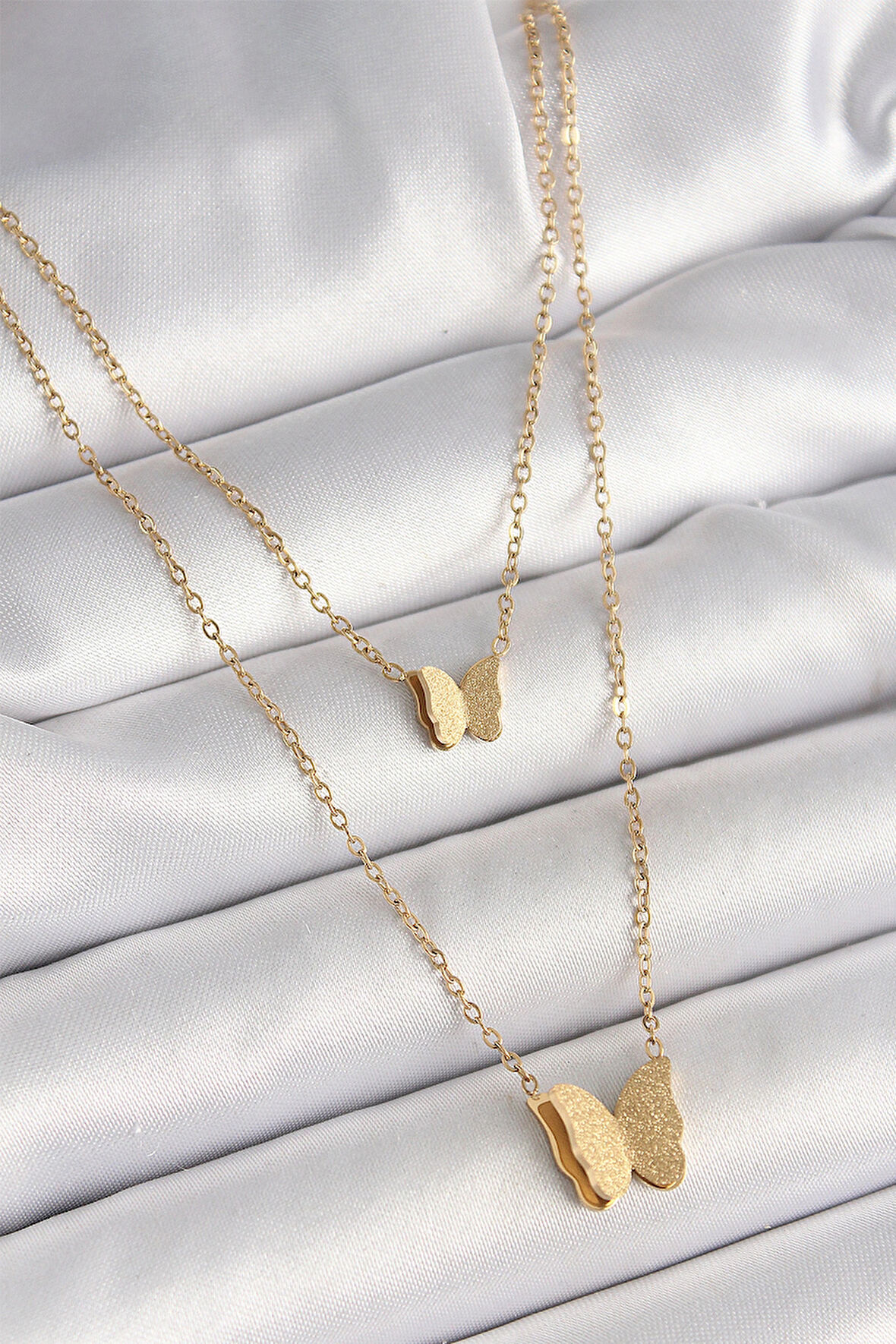 316L Çelik Gold Renk 2'Li Simli Kelebek Model Kadın Kolye