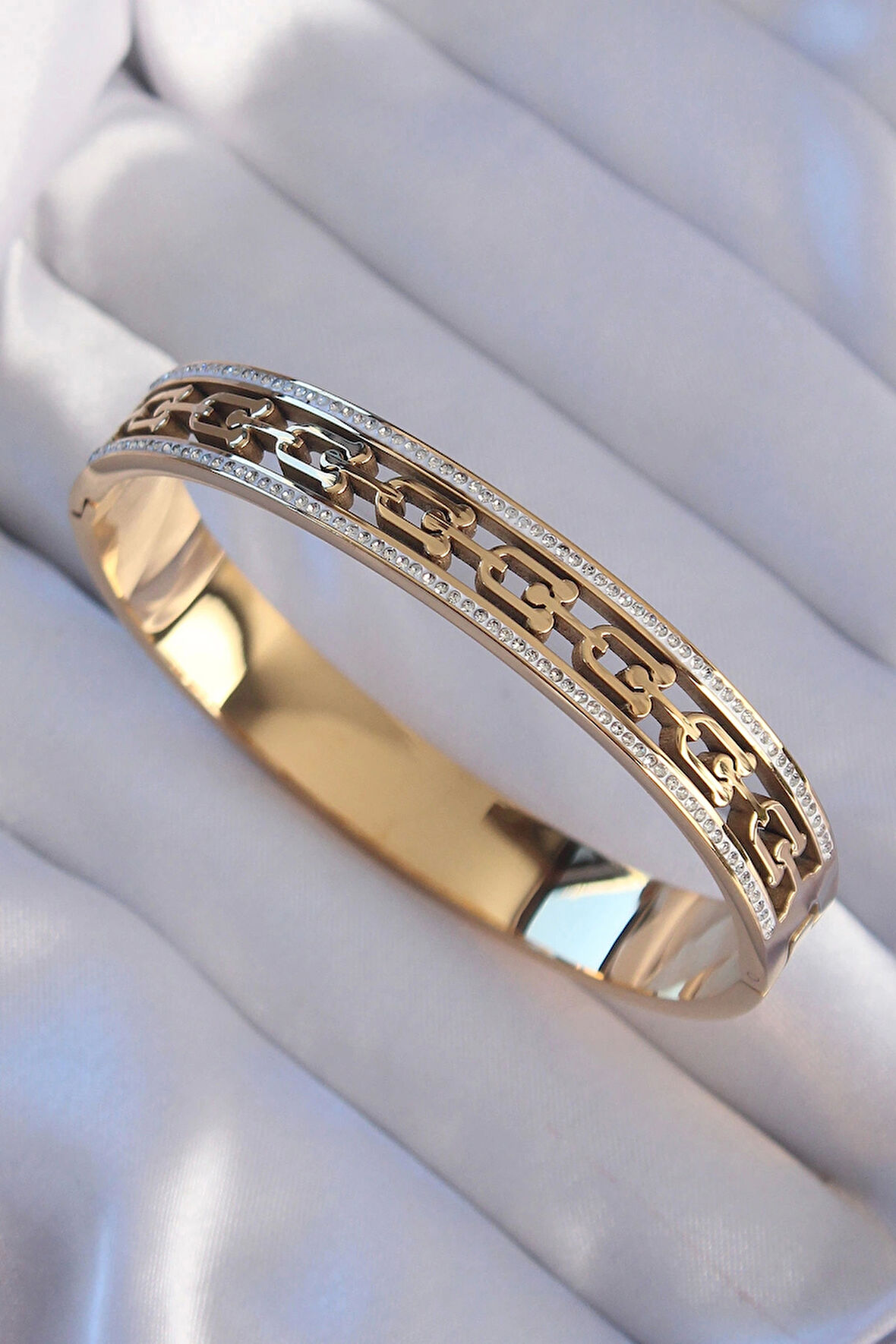 316L Çelik Gold Renk Zirkon Taşlı Model Kelepçe