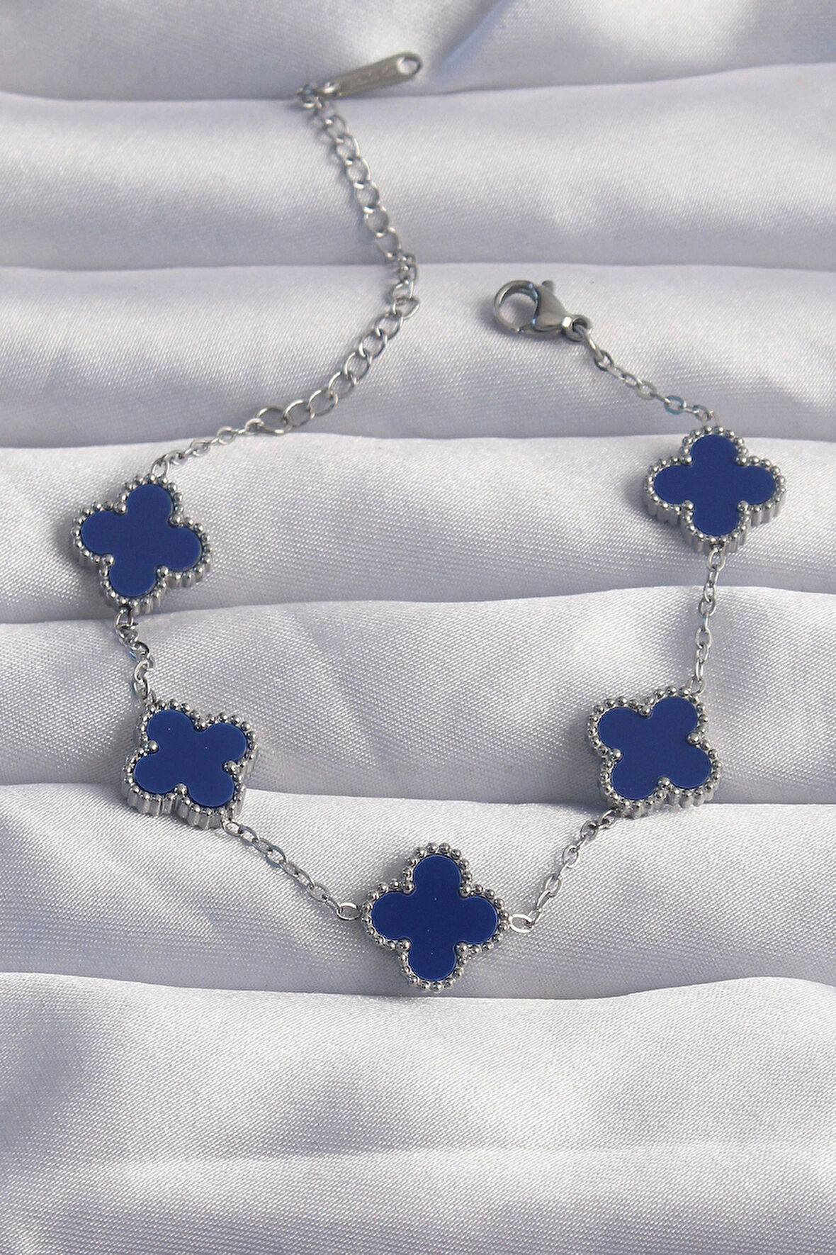 316L Çelik Gümüş Renk Mavi Mineli Yonca Bileklik