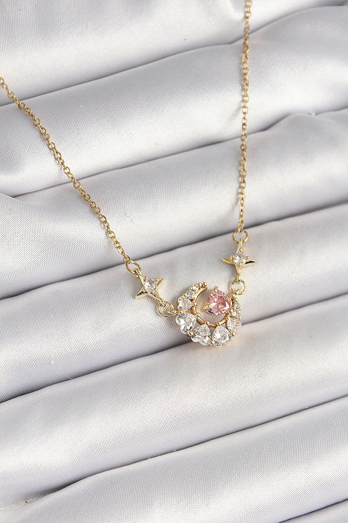 316L Çelik Gold Renk Zirkon Taşlı Hilal Pembe Kalp Model Kadın Kolye