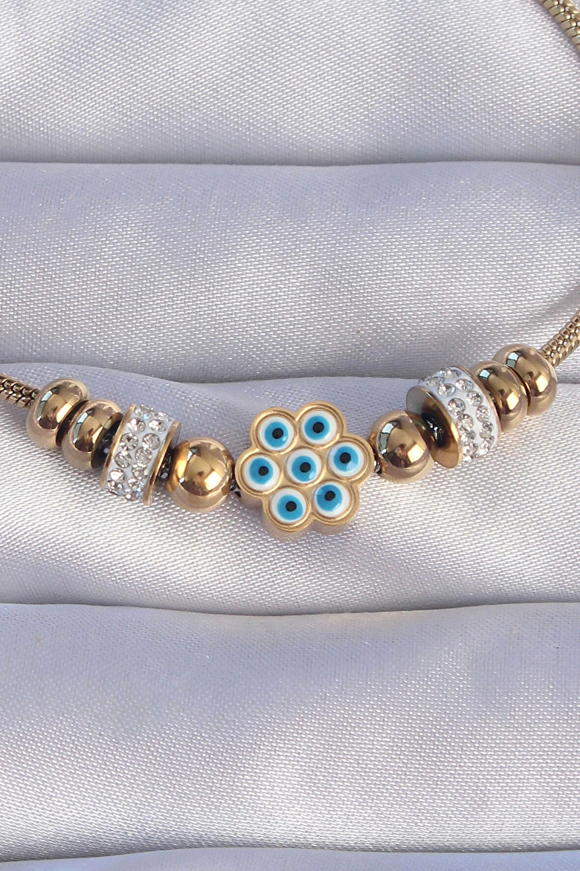 316L Çelik Gold Renk Zirkon Taşlı Nazarlı Çiçek Tasarımlı Bileklik